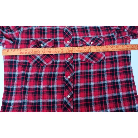 Wrangler Wrancher Mens Large Flannel Shirt Red Plaid Western Pearl Snap Cowboy - Picture 4 of 14